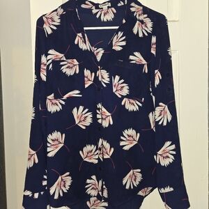 Express Portofino Butron Down Navy Blue Pink Blouse Top Size Small